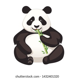 Cute big panda sit on floor holds bamboo and eat branch cartoon animal design flat vector illustration