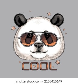 Cute big panda in sunglasses. Vector illustration. Stylish image for printing on any surface