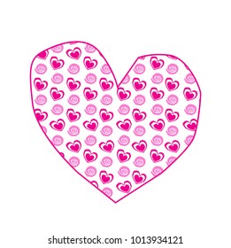 Cute big pink hand drawn heart sticker with little hearts pattern isolated on white background. Valentine's day, or love wedding clip art, element, baby girl detail for scrapbooking design. 
