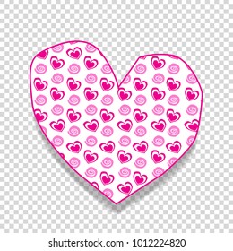 Cute big pink paper cut heart sticker with little hearts pattern isolated on transparent background. Valentine's day, or love wedding clip art, element, baby girl detail for scrapbooking design. 
