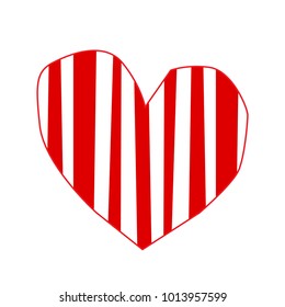 Cute big red hand drawn heart sticker with striped pattern isolated on white background. Valentine's day, or love wedding clip art, element or detail for scrapbook or greeting card design. 
