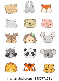 Cute big set of animal portraits. Cartoon characters on a white background. Vector. Bear, rabbit, fox, cat, pug, dog, pig, deer, hedgehog, mouse, raccoon, koala, panda, lion, cheetah, tiger.