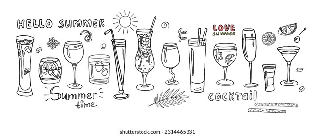 Cute big set with cocktails collection. alcoholic and non-alcoholic drinks with ice cubes, fruits and text.  Great for banners, bar menu design, packaging, advertising. Vector illustration EPS10