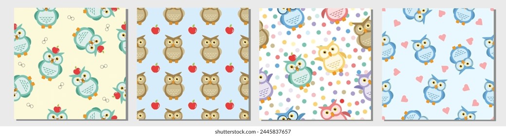 Cute big set collection of owls seamless patterns. Clever owls wearing glasses, pink hearts, apples, dots texture decorations. Can be used for wallpaper wrapping paper textile and fabric texture print