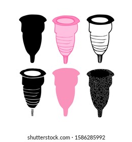 Cute big set silicone menstrual cups isolated on white.
Black and pink.
Cartoon style. Vector stock illustration.
Capacity for feminine hygiene,medicine,menstruation.
Zero waste concept.
Plastic-free.