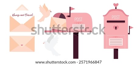 A cute big set for Valentine's Day with different mailbox, love envelopes and doves. Postbox for sending valentines. Lovely design for Valentine's day greeting and invitation card.