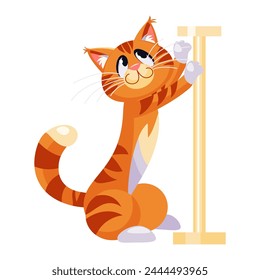 Cute big tabby ginger Cat sharpens its claws on scratching post, cartoon flat design illustration