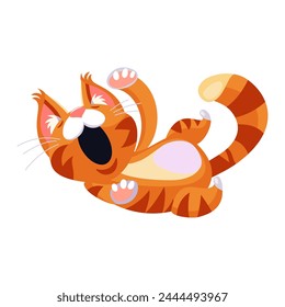 Cute big tabby ginger Cat yawning sweetly, lying on his back, cartoon flat design illustration