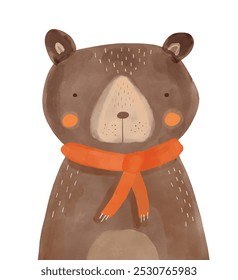 Cute Big Tedy Bear on a White Background. Funny Hand Painted Vector Card with Brown Bear in Red Scarf. Childish Drawing-like Print with Bear Toy. Nursery Art ideal for Card. Kids' Room Decoration.RGB.