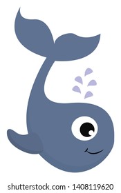 A cute big whale blue in color with a big tail, small fin, pretty eyes, vector, color drawing or illustration. 