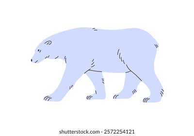 Cute big white bear walks side view. Furry polar animal of North Pole strolls. Adorable beast of frost tundra steps, funny character of fauna of Antarctica goes. Flat isolated vector illustration