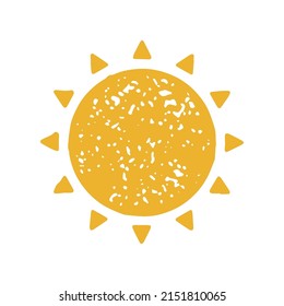 Cute big yellow decorative round sun with triangle beams hand drawn minimalist design grunge texture vector illustration. Bright natural sunny heat element tropical weather warm climate symbol