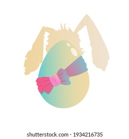 Cute big-eared white rabbit and a big Easter egg with a bow.Vector illustration isolated on a white background. A design element for decorating holiday products.