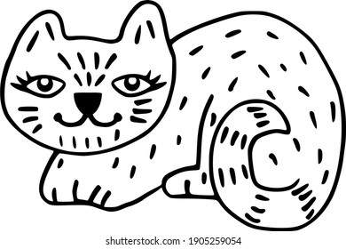 Rutsche große Katze mit einem Ring-Schwanz lächeln. Cartoon-Tier für Kinder. Handgezeichnete schwarz-weiße Doodle. Haustiere Clipkunst. Vektorgrafik.