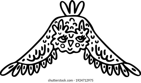 Cute big-eyed eagle owl flying. Picture with forest bird. Cartoon image of howlet. Vector illustration in themes animals and wildlife. Clipart for kid's books and prints. Hand-drawn black doodle.