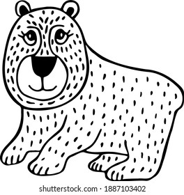 Cute big-eyed Great Bear. Illustration in cartoon style for children. Hand drawn black and white doodles. Woodland theme.