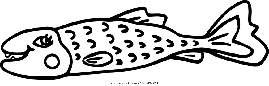 Cute big-eyed salmon is smiling. Vector illustration for children in a cartoon stele. Sea theme.