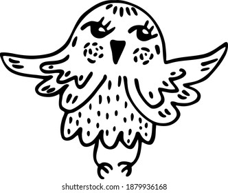 Cute big-eyed snowy owl flaps its wings. Vector illustration in cartoon style for kids.