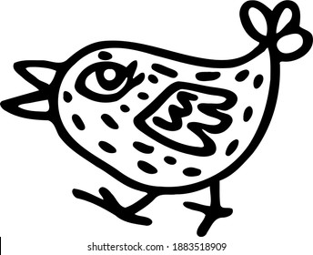 Cute big-eyed sparrow in  cartoon style walks briskly. Vector hand drawn illustration.