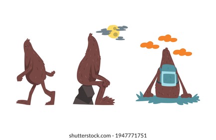 Cute Bigfoot in Hiking and Travelling Set, Mythical Creature Cartoon Character Vector Illustration