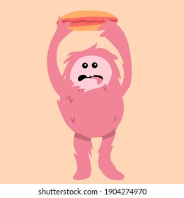 cute bigfoot monster cartoon character holding food, illustration design