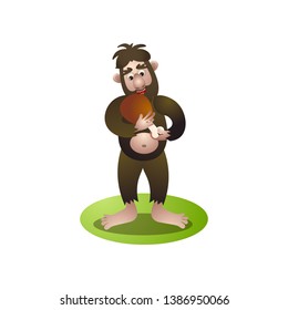 Cute bigfoot, yeti eating or care part of raw meat