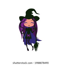 cute big-headed 
 little witch in cartoon style separately on a white background. Illustration for Halloween