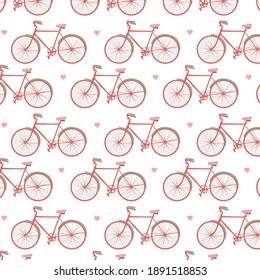 Cute bike pattern on a white background. Seamless repeat featuring a bicycle and hearts in pastel colors and vintage look. Great for fabric, scrapbooking, backdrops and much more. 