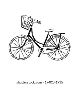 Cute Bike Vector Illustration. Vintage Bicycle Isolated On White Background. Bike With Step-through Frame And Front Wicker Basket