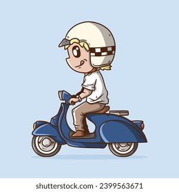 Cute Biker Cartoon Vector Illustration riding Blue Retro Vintage Classic Scooter. Retro Classic Scooter Bike Vector