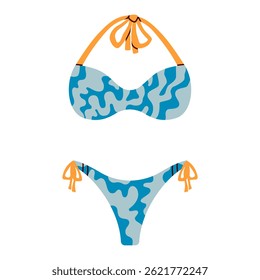 Linda ilustración de bikini con líneas atrevidas y patrón con estilo. Perfecto para verano, playa, vacaciones y temas de viajes. Diseño de trajes de baño kawaii con ambiente cómodo, ideal para proyectos de moda.

