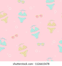 Cute bikini and sunglasses seamless summer pattern background.