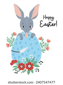 Cute bilby with big Easter egg and flowers. Australian animal is wild mammal. Happy Easter greeting card. Vector illustration in flat cartoon style