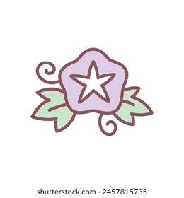 Cute bindweed icon. Hand drawn illustration of a purple flower isolated on a white background. Kawaii sticker. Vector 10 EPS.