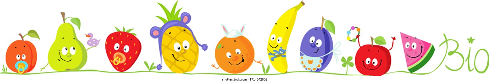 Cute Bio Fruit Cartoon for Babies Standing in Raw - Vector Illustration
