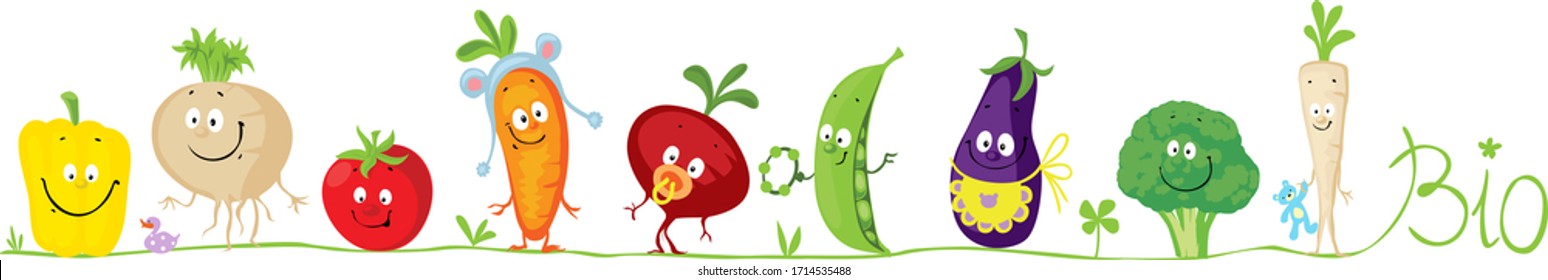 Cute Bio Vegetable Cartoon for Babies Standing in Raw - Vector Illustration
