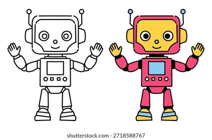 Niedliches Bipedal Roboter Linie Kunst und Farbe Illustration Set