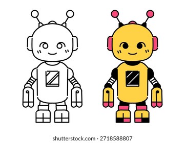 Cute Bipedal Robot Line Art and Color Illustration Set
