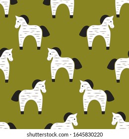 
Cute birchbark horses. Seamless vector pattern.
 Nursery design. Toys horses on an olive background.