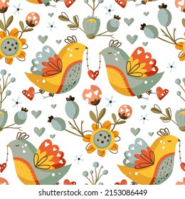 Cute bird animal seamless pattern. Exotic decoration