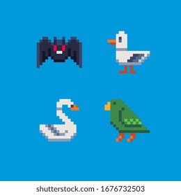 Pájaro cutto, antídolos de arte de píxeles animales, diseño de mosaico, cisne, murciélago, pato, pájaro aislado de forma plana vectorial. Diseño para pegatinas, logotipo, bordado y aplicación. Activos de videojuegos.
