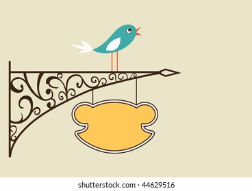 Cute bird and antique signboard, vector illustration