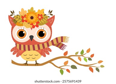 Cute bird, autumn vector owl with floral wreath and scarf on a tree branch, Kawaii fall woodland animal illustration