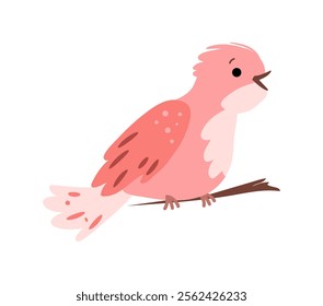 Cute bird, avian animal character sitting on branch. Vector isolated personage with feathers and beak. Wilderness and wildlife, wild nature and fauna with habitat and growth outdoors, avifauna