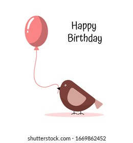 Cute bird with balloon in its beak on white background. Birthday card, gift wrapping print, baby clothes, bedding, textiles