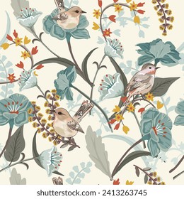 Cute bird and beautiful blossom seamless pattern, vintage flower background