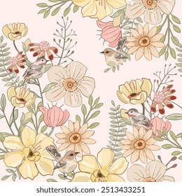 Cute bird and beautiful vintage floral flower seamless pattern, vector illustration art drawing.