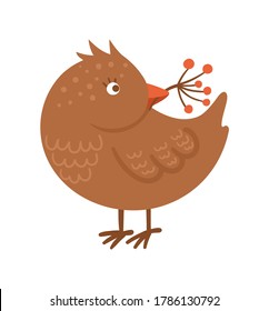 Cute bird with berry twig in a beak. Vector autumn character isolated on white background. Fall season woodland animal icon for print, sticker, postcard.  Funny forest illustration.
