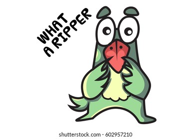 Cute Bird with both hands on the beak and saying WHAT A RIPPER. Vector Illustration. Isolated on white background.