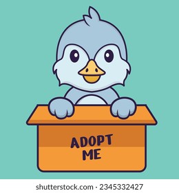 Cute bird in box with a poster Adopt me. Animal cartoon concept isolated. Can used for t-shirt, greeting card, invitation card or mascot